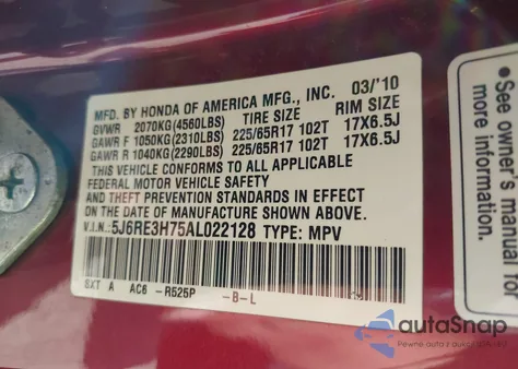 2010 Honda Cr-V Ex-L from USA, damaged, VIN 5J6RE3H75AL022128